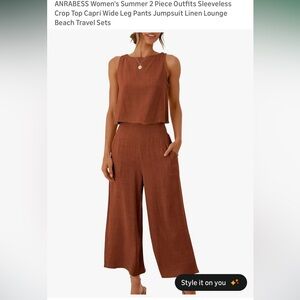 ANRABESS Sleeveless Two Piece Jumpsuit Set- Brick Red